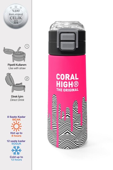 Coral High Kids Pembe Siyah Beyaz Desenli Pipetli ve Direkt İçim Çelik Termos 500 ml 31878 
