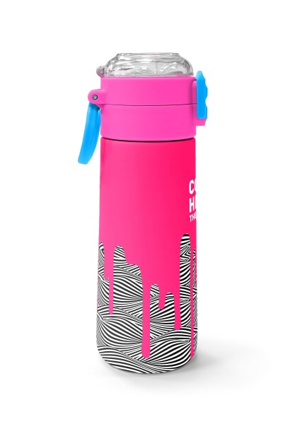 Coral High Kids Pembe Siyah Beyaz Desenli Pipetli ve Direkt İçim Çelik Termos 500 ml 31878 - 2