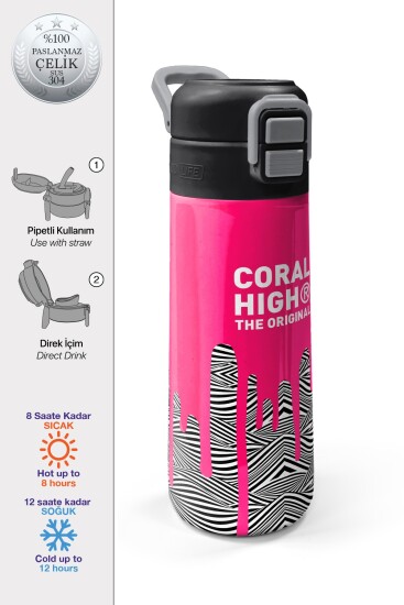 Coral High Kids Pembe Siyah Beyaz Desenli Pipetli ve Direkt İçim Çelik Termos 500 ml 31878 - Coral High KIDS