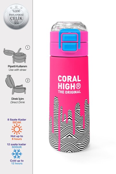 Coral High Kids Pembe Siyah Beyaz Desenli Pipetli ve Direkt İçim Çelik Termos 500 ml 31878 - 1