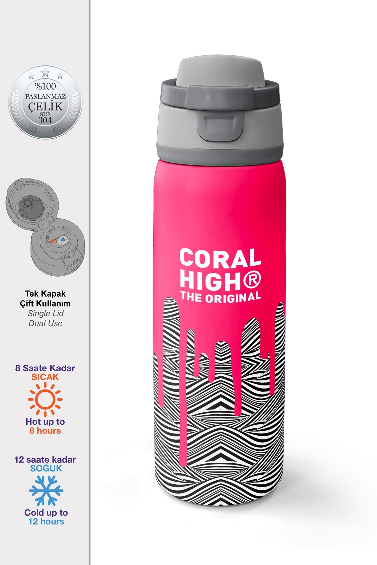 Coral High Kids Pembe Siyah Beyaz Desenli Pipetli ve Direkt İçim Çelik Termos 800 ml 38539