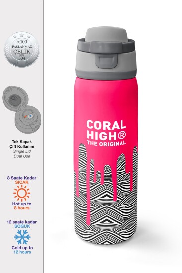 Coral High Kids Pembe Siyah Beyaz Desenli Pipetli ve Direkt İçim Çelik Termos 800 ml 38539 