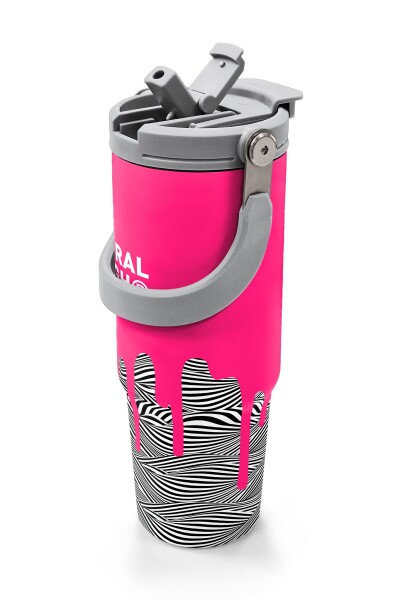 Coral High Kids Pembe Siyah Beyaz Desenli Pipetli ve Direkt İçim Çelik Termos 900 ml 38718 - 2