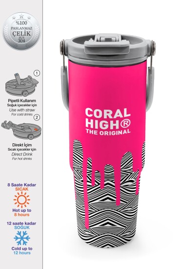 Coral High Kids Pembe Siyah Beyaz Desenli Pipetli ve Direkt İçim Çelik Termos 900 ml 38718 