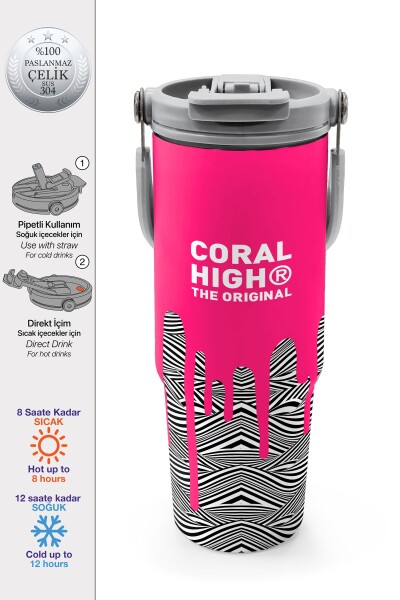Coral High Kids Pembe Siyah Beyaz Desenli Pipetli ve Direkt İçim Çelik Termos 900 ml 38718 - 1