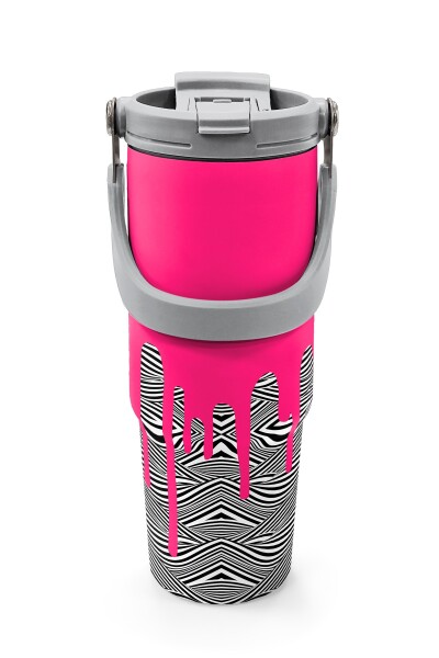 Coral High Kids Pembe Siyah Beyaz Desenli Pipetli ve Direkt İçim Çelik Termos 900 ml 38718 - 7