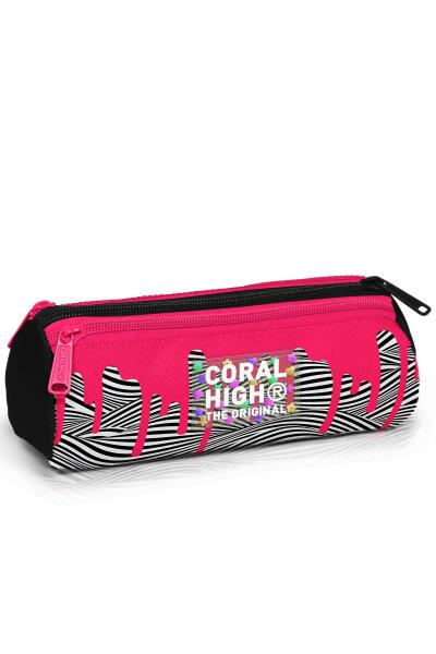 Coral High Kids Pembe Siyah Beyaz Desenli Üç Bölmeli Kalem Çantası 11178 - 1