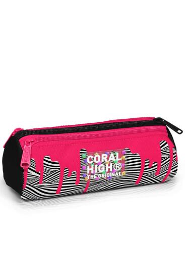 Coral High Kids Pembe Siyah Beyaz Desenli Üç Bölmeli Kalem Çantası 11178 - 1