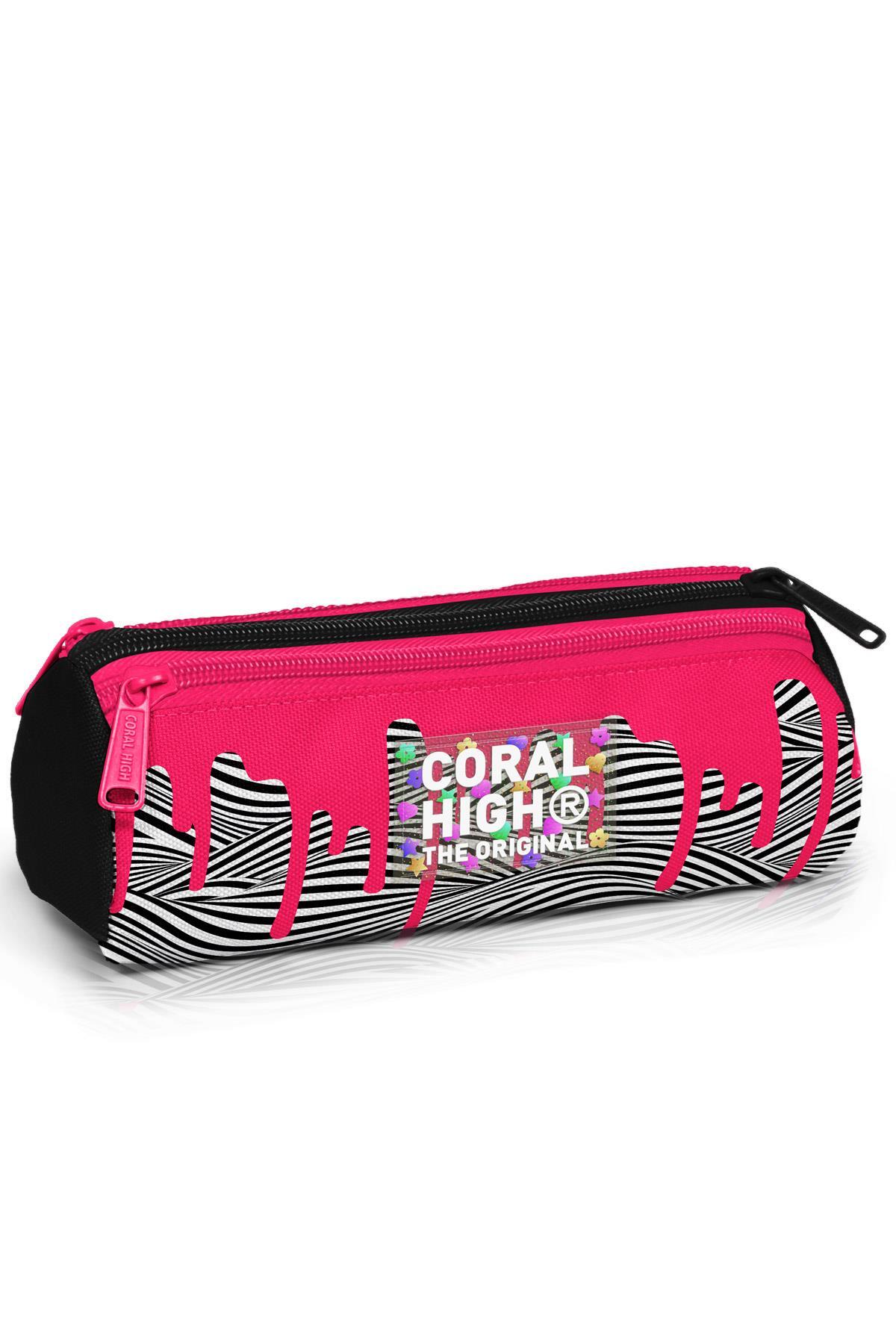 Coral High Kids Pembe Siyah Beyaz Desenli Üç Bölmeli Kalem Çantası 11178