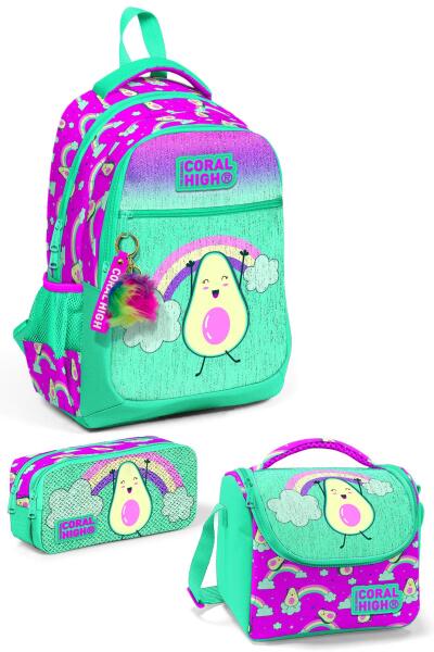 Coral High Kids Pembe Su Yeşili Avokado Desenli 3’lü Okul Çanta Seti SET0123491 - 1