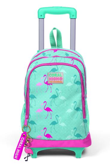 Coral High Kids Su Yeşili Neon Pembe Flamingo Desenli Üç Bölmeli Çekçekli Okul Sırt Çantası 23131 - 9