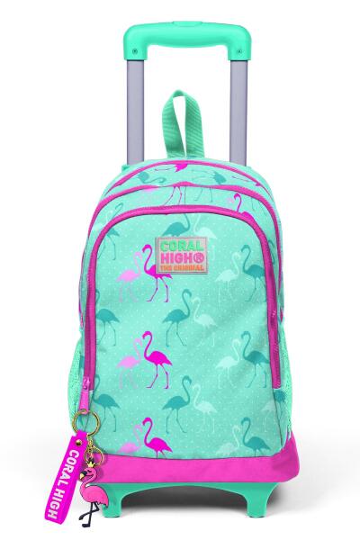 Coral High Kids Su Yeşili Neon Pembe Flamingo Desenli Üç Bölmeli Çekçekli Okul Sırt Çantası 23131 - 9