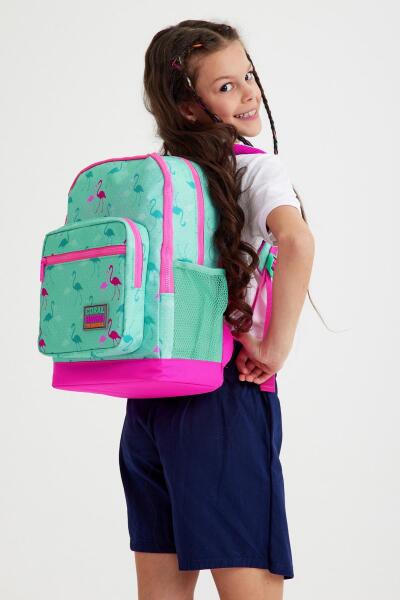 Coral High Kids Su Yeşili Neon Pembe Flamingo Desenli Dört Bölmeli Okul Sırt Çantası 23111 - 7