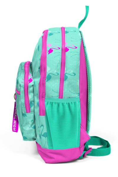 Coral High Kids Su Yeşili Neon Pembe Flamingo Desenli Dört Bölmeli Okul Sırt Çantası 23111 - 8