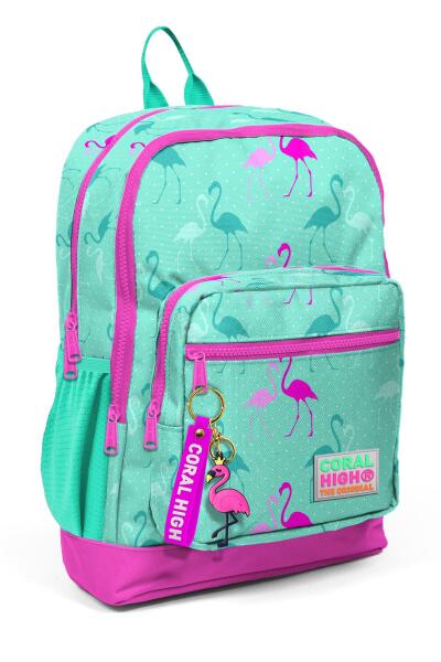 Coral High Kids Su Yeşili Neon Pembe Flamingo Desenli Dört Bölmeli Okul Sırt Çantası 23111 - 1