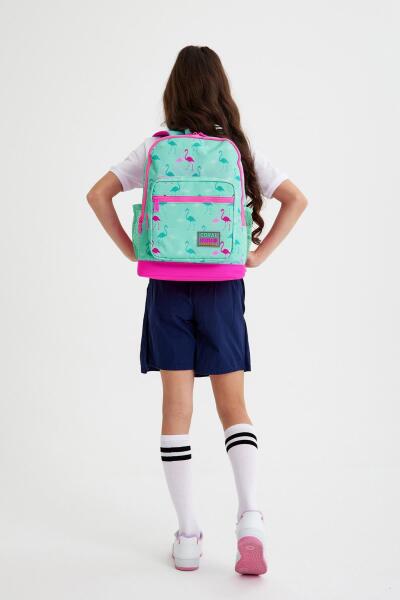 Coral High Kids Su Yeşili Neon Pembe Flamingo Desenli Dört Bölmeli Okul Sırt Çantası 23111 - 2