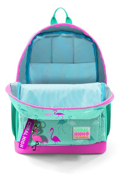 Coral High Kids Su Yeşili Neon Pembe Flamingo Desenli Dört Bölmeli Okul Sırt Çantası 23111 - 3