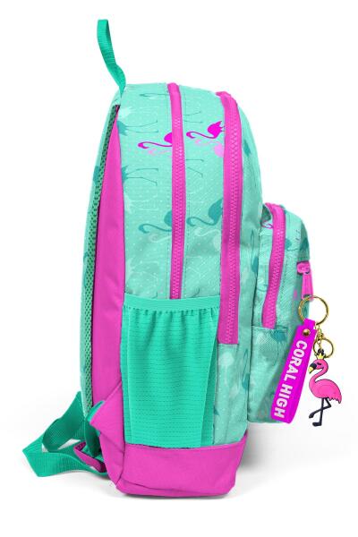 Coral High Kids Su Yeşili Neon Pembe Flamingo Desenli Dört Bölmeli Okul Sırt Çantası 23111 - 6