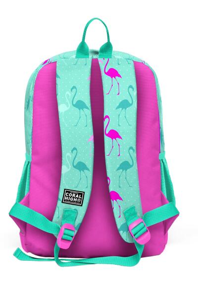 Coral High Kids Su Yeşili Neon Pembe Flamingo Desenli Dört Bölmeli Okul Sırt Çantası 23111 - 4