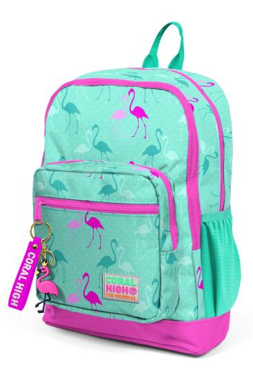 Coral High Kids Su Yeşili Neon Pembe Flamingo Desenli Dört Bölmeli Okul Sırt Çantası 23111 - 9