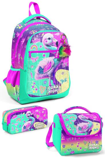 Coral High Kids Pembe Su Yeşili Flamingo Desenli 3’lü Okul Çanta Seti SET0123647 - Coral High
