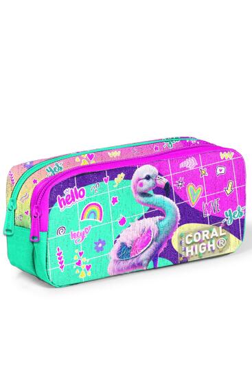 Coral High Kids Pembe Su Yeşili Flamingo Desenli İki Bölmeli Kalem Çantası 12080 - Coral High KIDS
