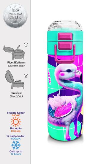 Coral High Kids Pembe Su Yeşili Flamingo Desenli Pipetli ve Direkt İçim Çelik Termos 500 ml 31811 - Coral High KIDS