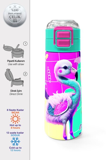 Coral High Kids Pembe Su Yeşili Flamingo Desenli Pipetli ve Direkt İçim Çelik Termos 500 ml 31811 