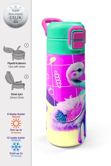 Coral High Kids Pembe Su Yeşili Flamingo Desenli Pipetli ve Direkt İçim Çelik Termos 500 ml 31811 