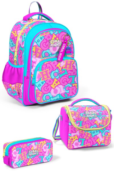 Coral High Kids Pembe Su Yeşili Harf Desenli 3'lü Okul Çanta Seti SET0133241 - 1