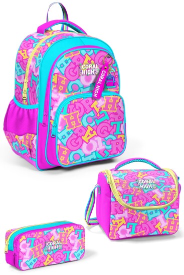 Coral High Kids Pembe Su Yeşili Harf Desenli 3'lü Okul Çanta Seti SET0133241 - Coral High