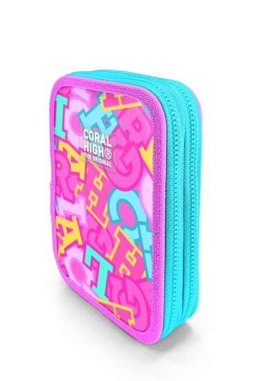 Coral High Kids Pembe Su Yeşili Harf Desenli Çift Katlı Kalem Çanta 31112 - 2
