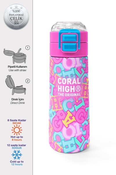 Coral High Kids Pembe Su Yeşili Harf Desenli Pipetli ve Direkt İçim Çelik Termos 500 ml 38123 - 1