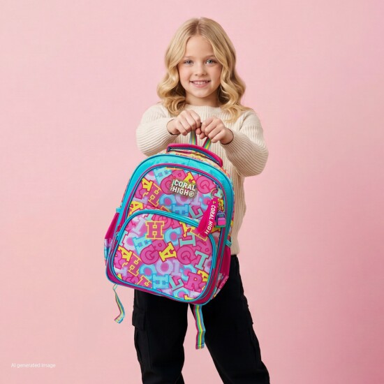 Coral High Kids Pembe Su Yeşili Harf Desenli Üç Bölmeli Okul Sırt Çantası 33241 - Coral High