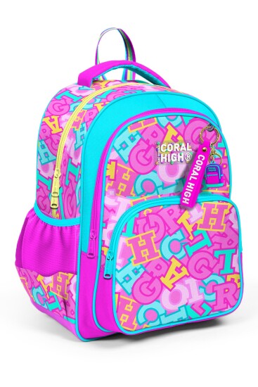 Coral High Kids Pembe Su Yeşili Harf Desenli Üç Bölmeli Okul Sırt Çantası 33241 