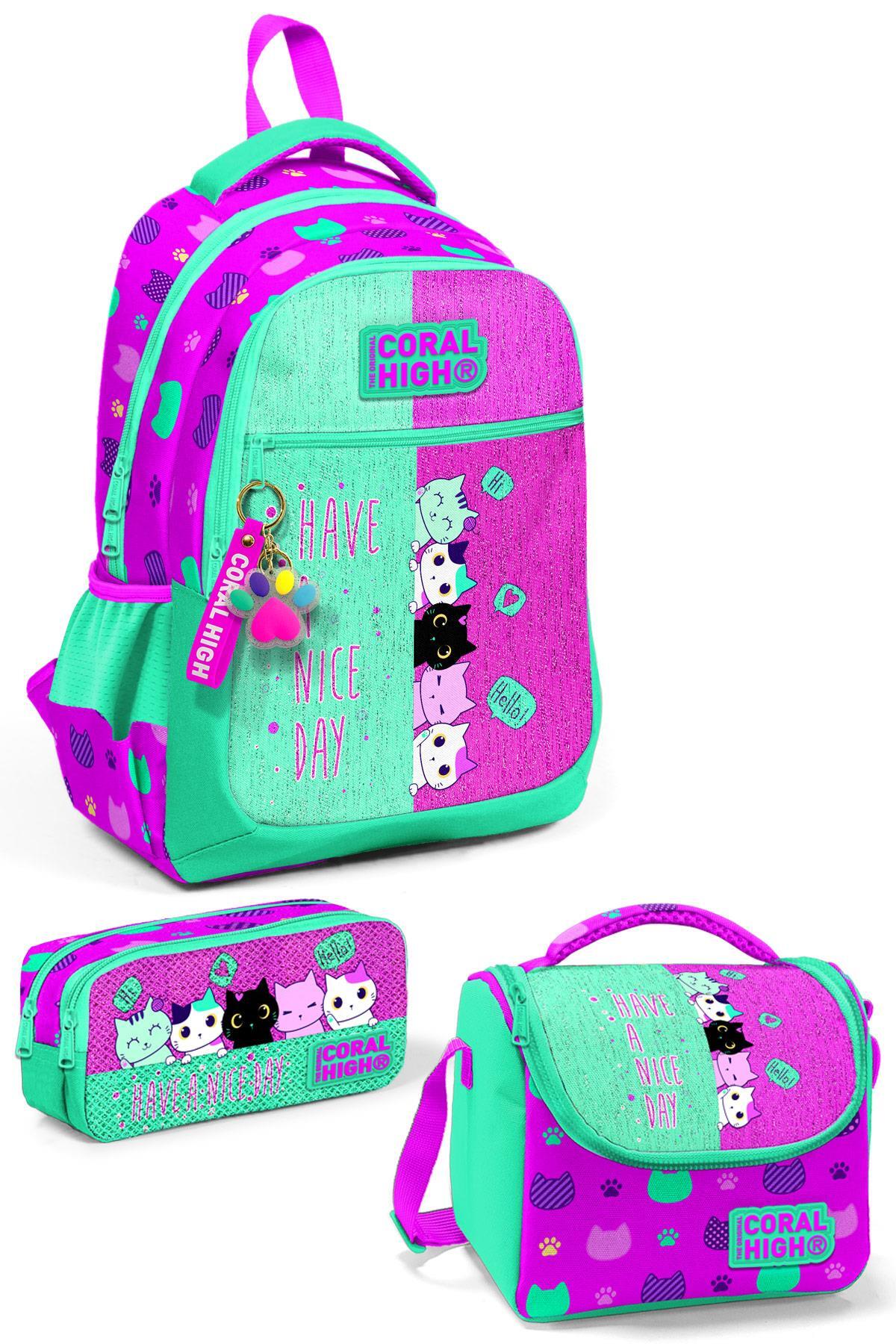 Coral High Kids Pembe Su Yeşili Kedi Desenli 3’lü Okul Çanta Seti SET0123490