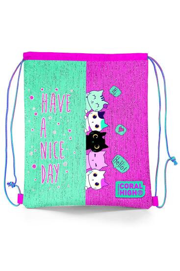 Coral High Kids Pembe Su Yeşili Kedi Desenli İpli Büzgülü Sırt Çantası 22694 