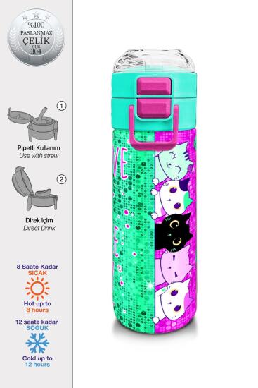 Coral High Kids Pembe Su Yeşili Kedi Desenli Pipetli ve Direkt İçim Çelik Termos 500 ml 31806 - Coral High KIDS