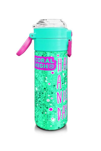 Coral High Kids Pembe Su Yeşili Kedi Desenli Pipetli ve Direkt İçim Çelik Termos 500 ml 31806 - 2