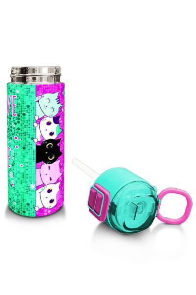 Coral High Kids Pembe Su Yeşili Kedi Desenli Pipetli ve Direkt İçim Çelik Termos 500 ml 31806 - 4