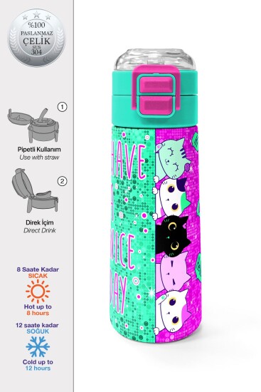 Coral High Kids Pembe Su Yeşili Kedi Desenli Pipetli ve Direkt İçim Çelik Termos 500 ml 31806 - 1