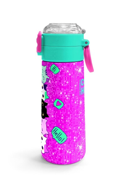 Coral High Kids Pembe Su Yeşili Kedi Desenli Pipetli ve Direkt İçim Çelik Termos 500 ml 31806 - 3