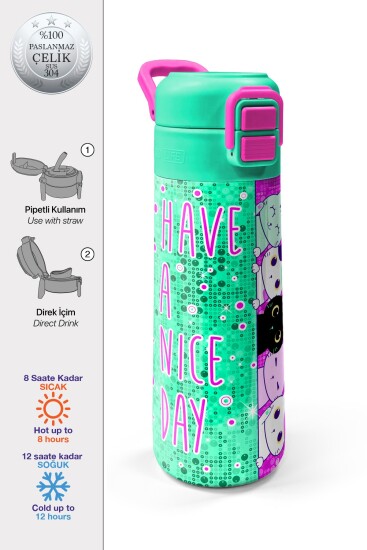 Coral High Kids Pembe Su Yeşili Kedi Desenli Pipetli ve Direkt İçim Çelik Termos 500 ml 31806 