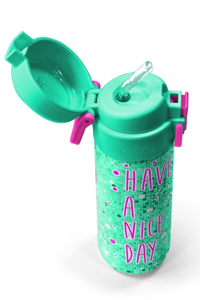 Coral High Kids Pembe Su Yeşili Kedi Desenli Pipetli ve Direkt İçim Çelik Termos 500 ml 31806 - 2