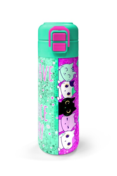 Coral High Kids Pembe Su Yeşili Kedi Desenli Pipetli ve Direkt İçim Çelik Termos 500 ml 31806 - 4