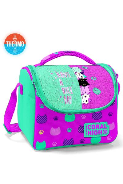 Coral High Kids Pembe Su Yeşili Kedi Desenli Thermo Beslenme Çantası 11854 - 1