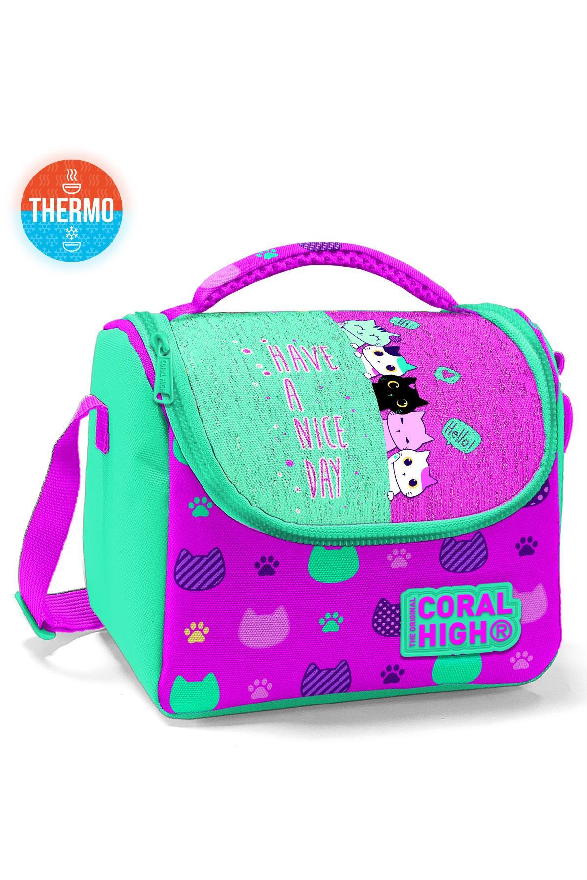 Coral High Kids Pembe Su Yeşili Kedi Desenli Thermo Beslenme Çantası 11854