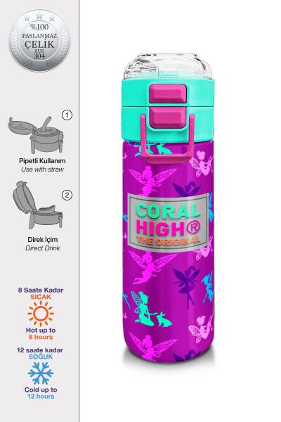 Coral High Kids Pembe Su Yeşili Peri Desenli Pipetli ve Direkt İçim Çelik Termos 500 ml 31900 - 1