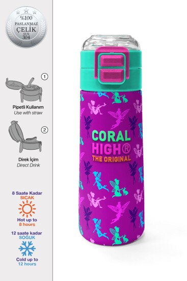 Coral High Kids Pembe Su Yeşili Peri Desenli Pipetli ve Direkt İçim Çelik Termos 500 ml 31900 - Coral High KIDS