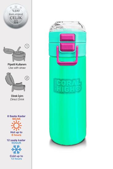 Coral High Kids Pembe Su Yeşili Pipetli ve Direkt İçim Çelik Termos 500 ml 31825 - Coral High KIDS